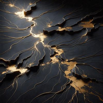 The primary subject of the image is a black and gold artistic design, possibly a painting or a digital artwork. The setting is a dark background, which contrasts with the artwork, creating a dramatic effect. The visual style appears to be a combination of photo and digital art, as it has a realistic appearance but also features a unique design. The colors and mood of the image are predominantly dark, with the gold and black colors adding a sense of depth and intrigue to the artwork.